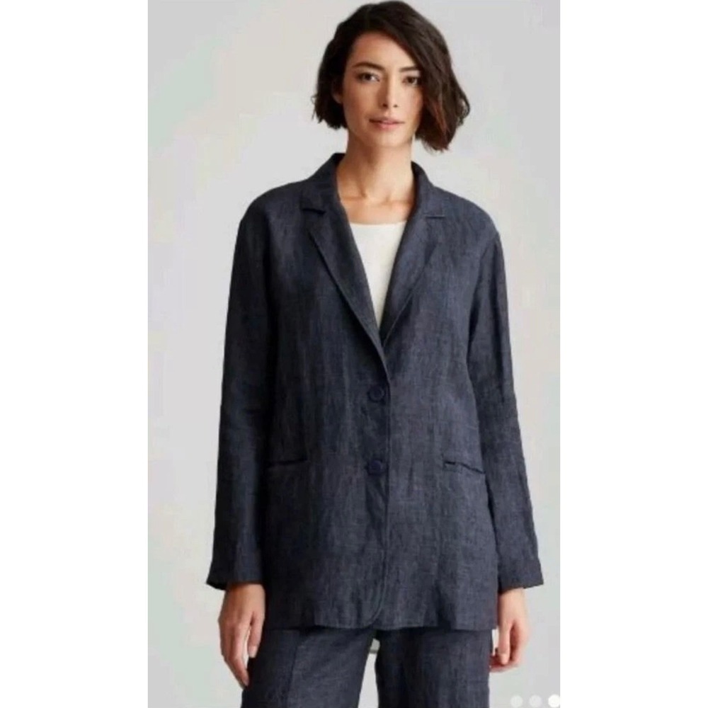 Eileen Fisher Denim Notch Collar Jacket Organic Washed Linen DELAVE medium